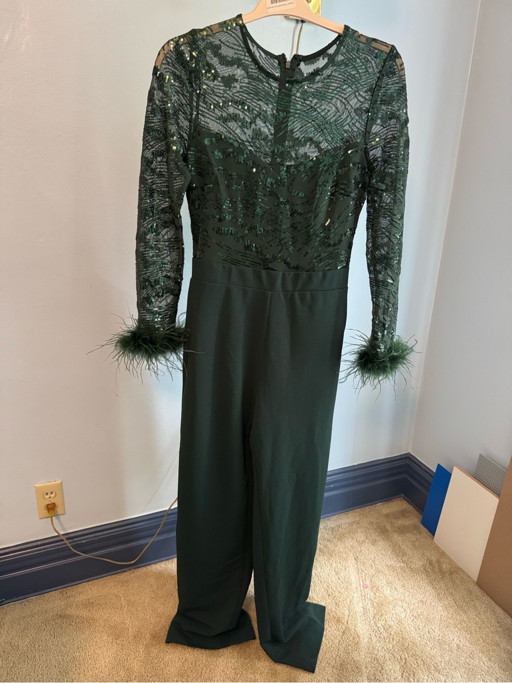 Lulu's Emerald Sequin & Feather Cuff Long-Sleeve Jumpsuit